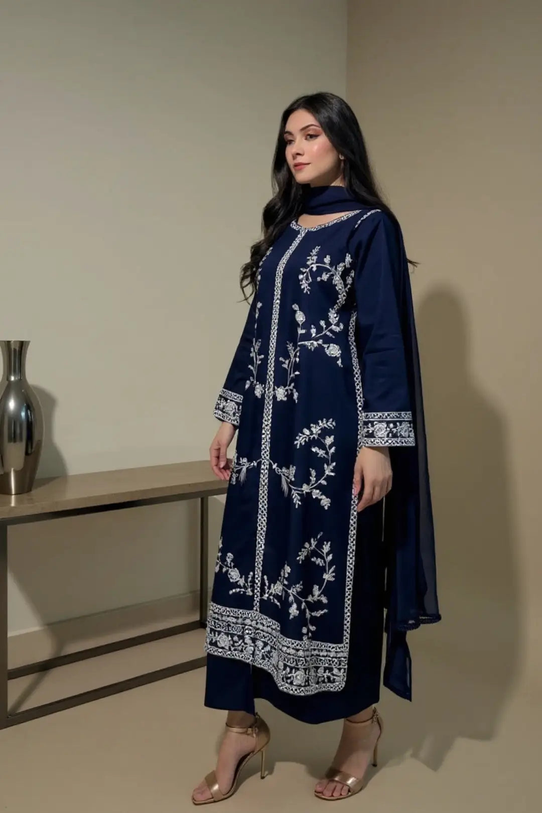 Unstitched Dhanak Suit - Blue, Sequins Embroidered, Design 1