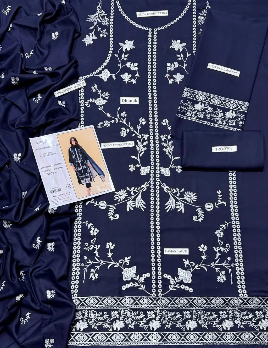 Unstitched Dhanak Suit - Blue, Sequins Embroidered, Design 1