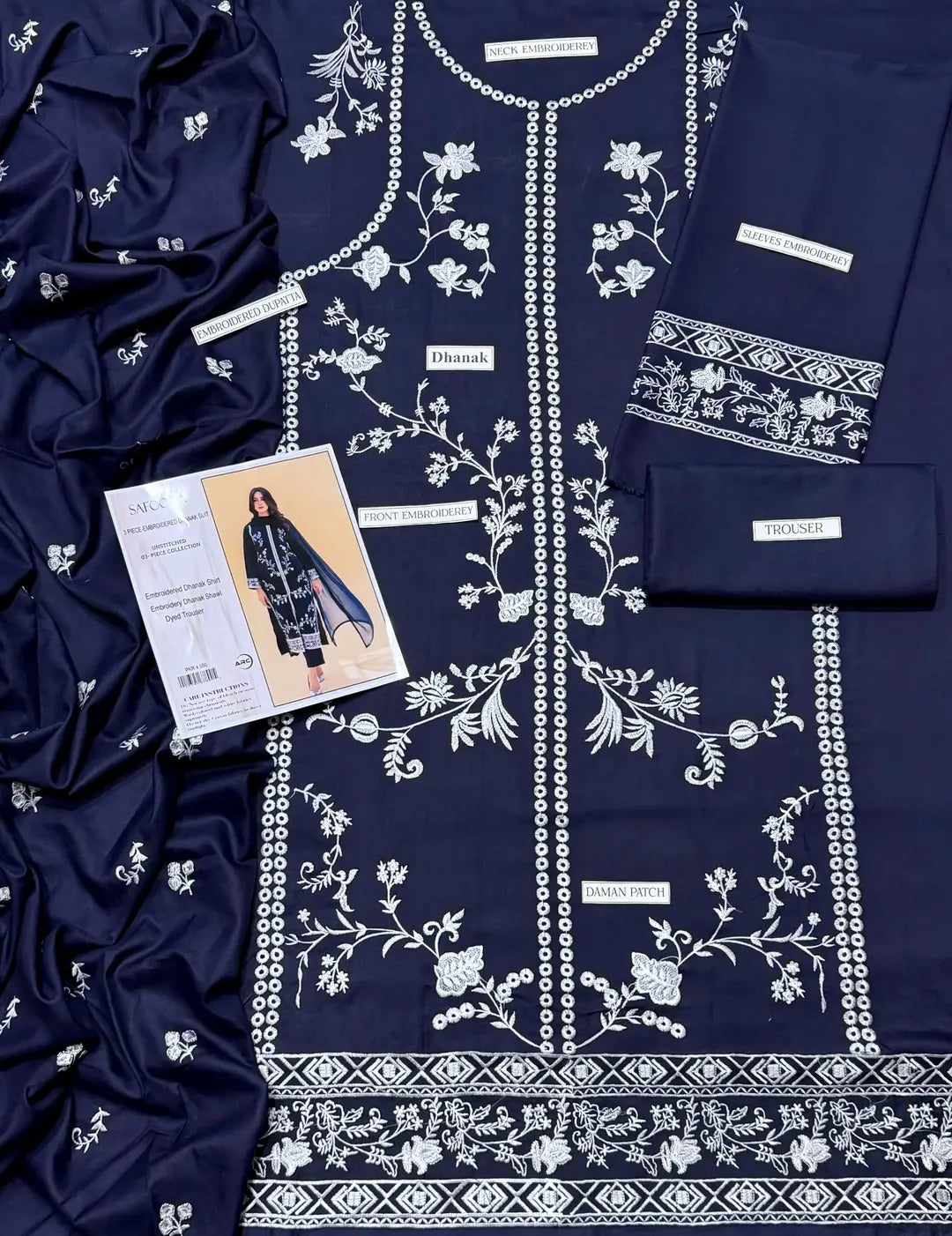 Unstitched Dhanak Suit - Blue, Sequins Embroidered, Design 1