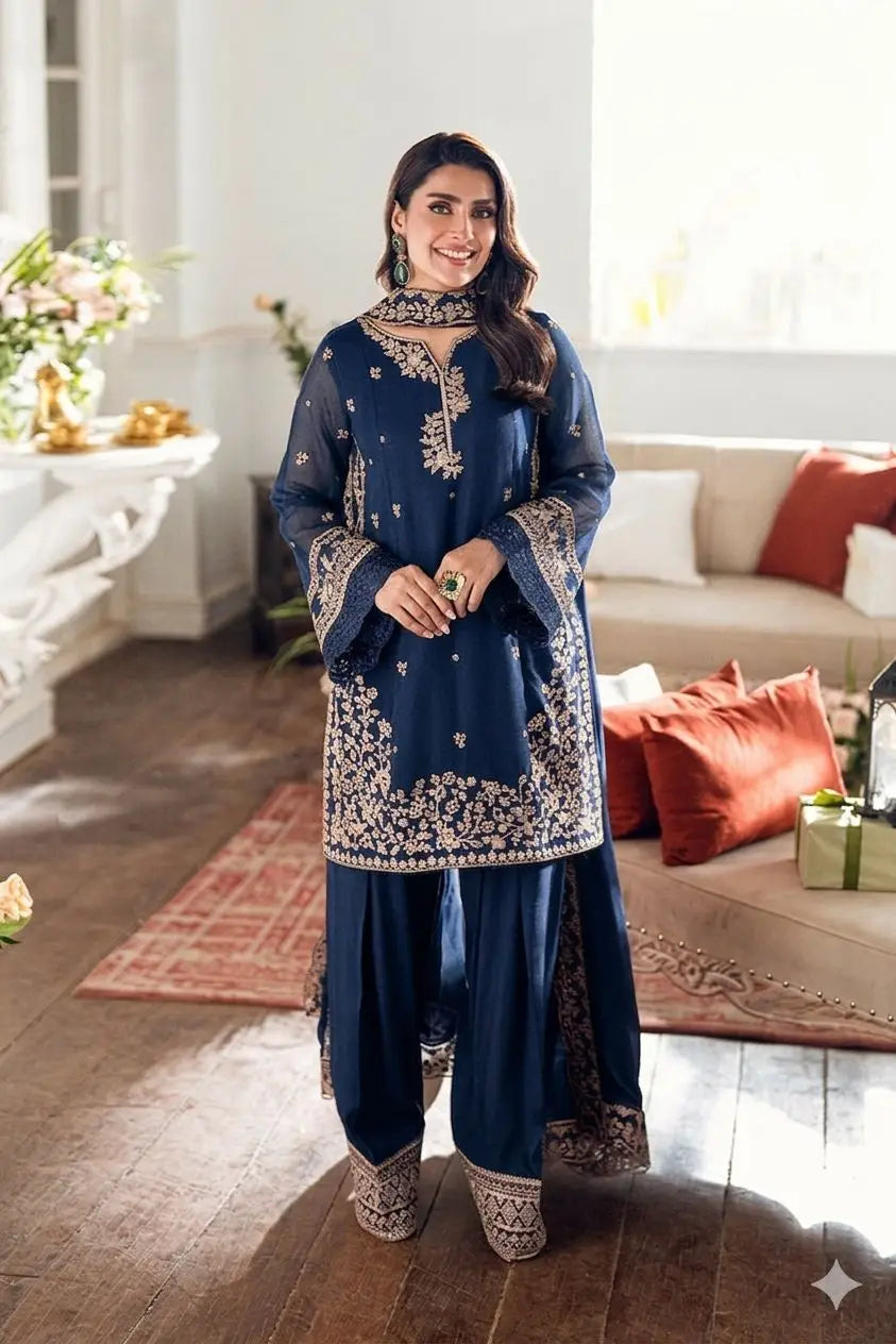Unstitched Dhanak Suit - Blue, Embroidered, Design 2
