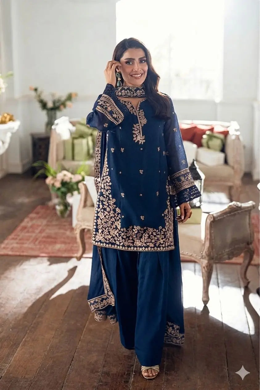 Unstitched Dhanak Suit - Blue, Embroidered, Design 2