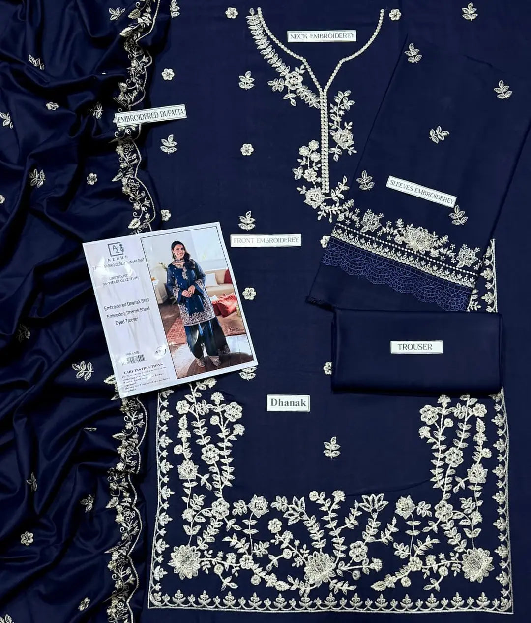 Unstitched Dhanak Suit - Blue, Embroidered, Design 2