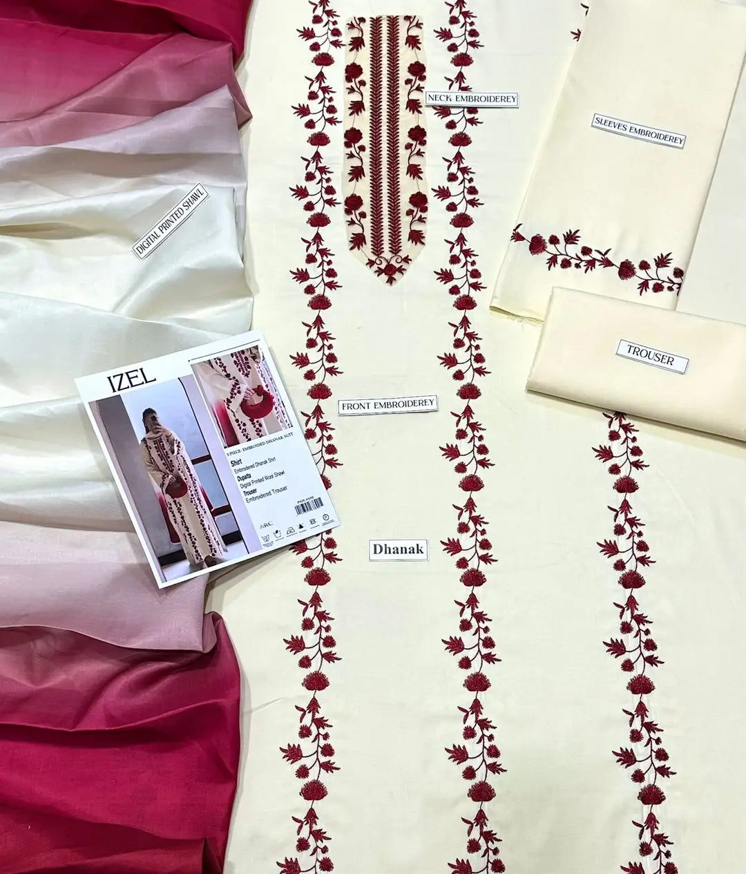 Unstitched Dhanak Suit - Ivory, 3 Piece with Wool Shawl
