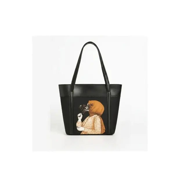 Printed Faux Leather Tote Bag - Black or Beige - view 2