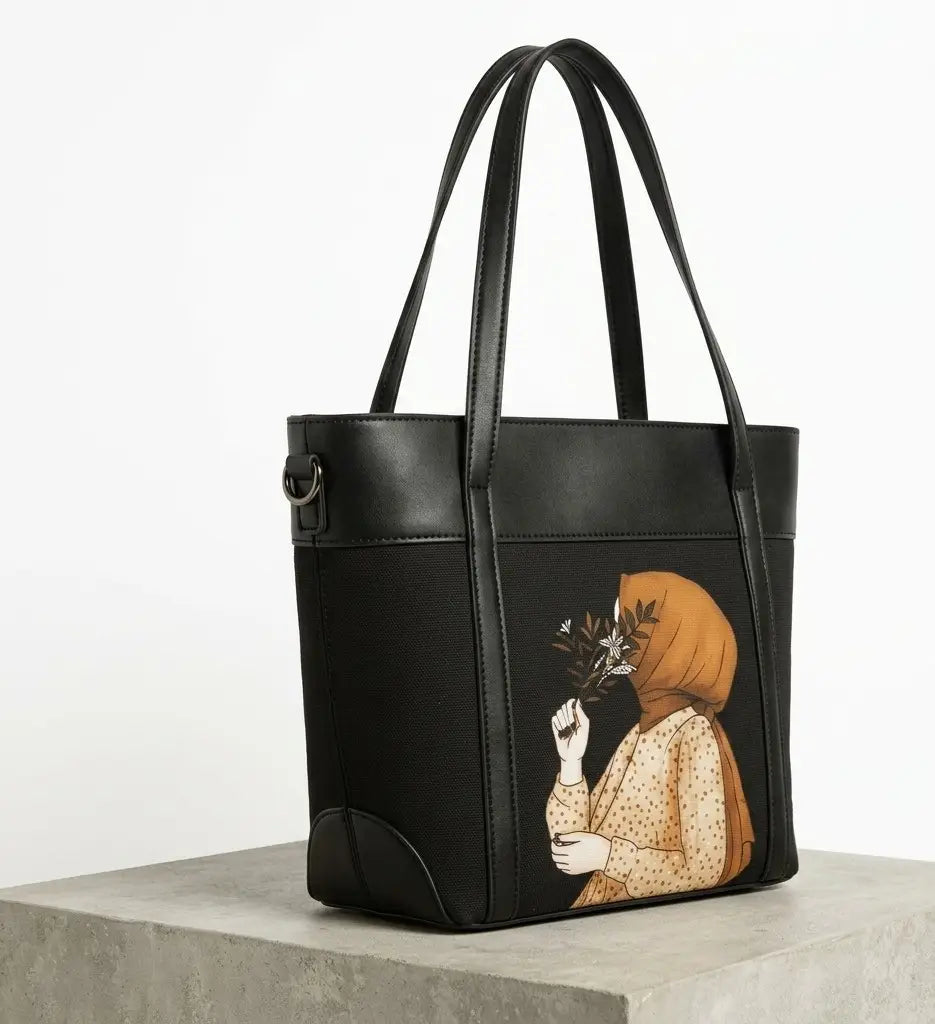 Printed Faux Leather Tote Bag - Black or Beige - view 4