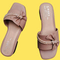 Beige Rhinestone Bow Flip Flops for Women