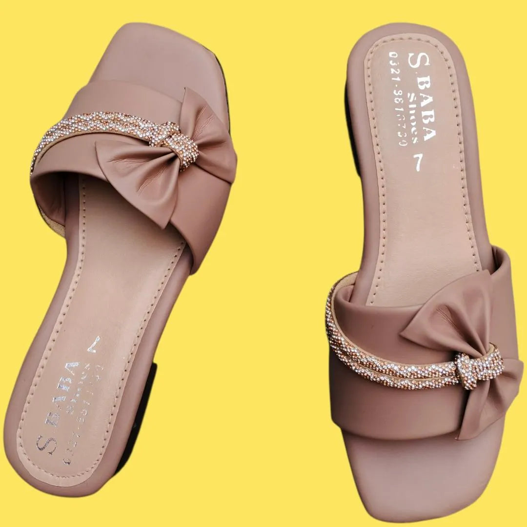Beige Rhinestone Bow Flip Flops for Women