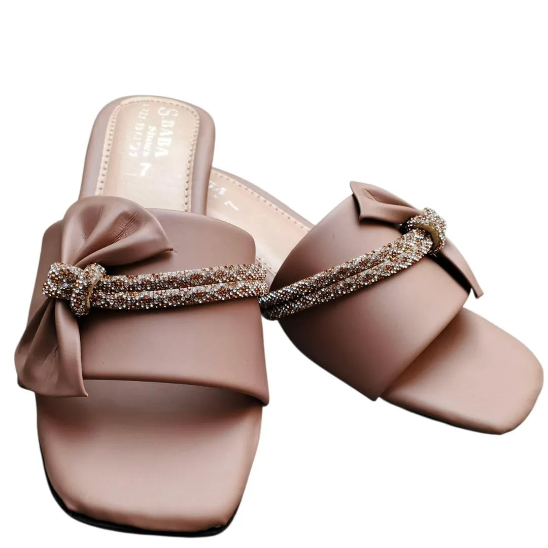 Beige Rhinestone Bow Flip Flops for Women