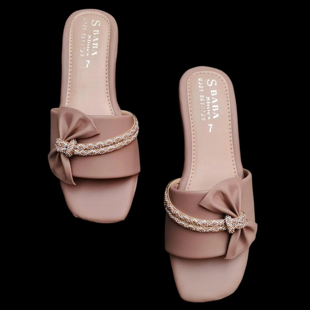 Beige Rhinestone Bow Flip Flops for Women