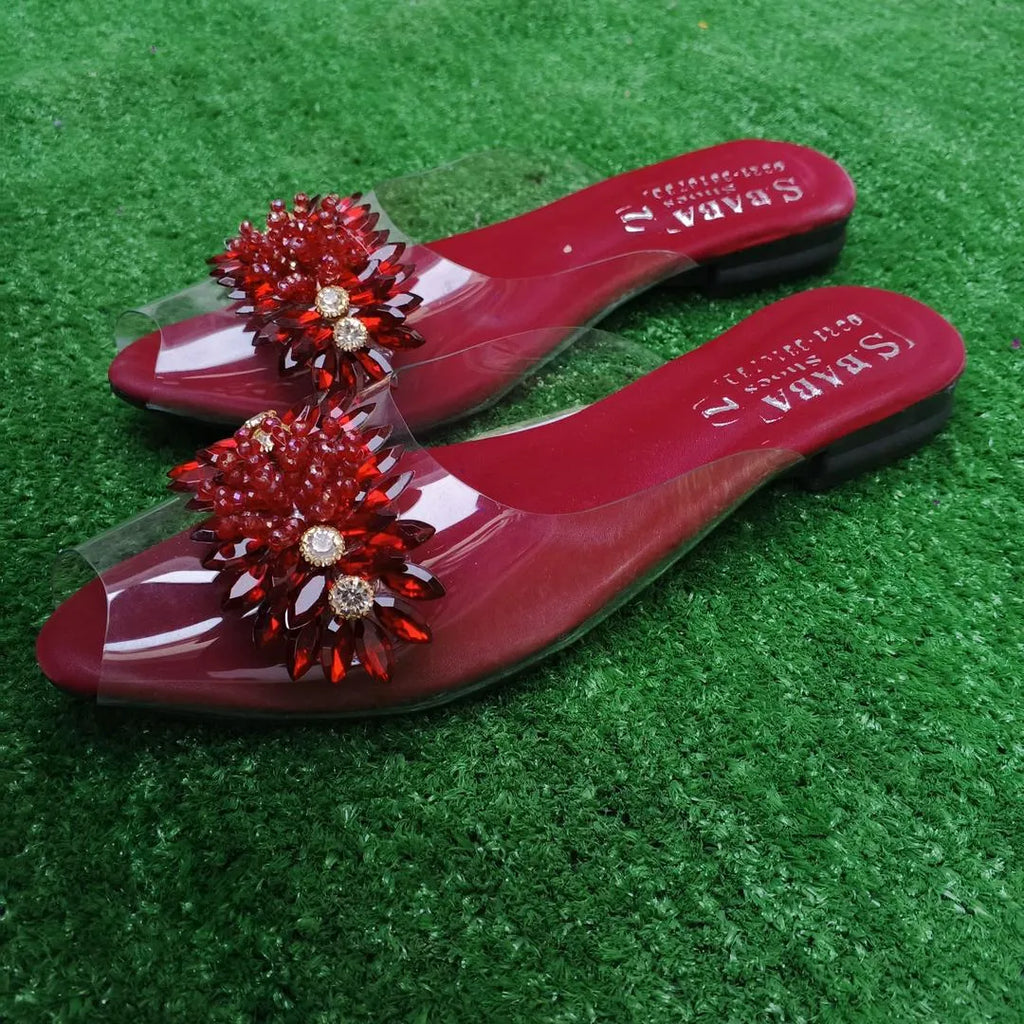 Maroon Gemstone Transparent Slippers for Women