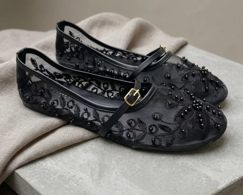 Women's Microfiber Pumps - Black, Gemstone & Bead Detail