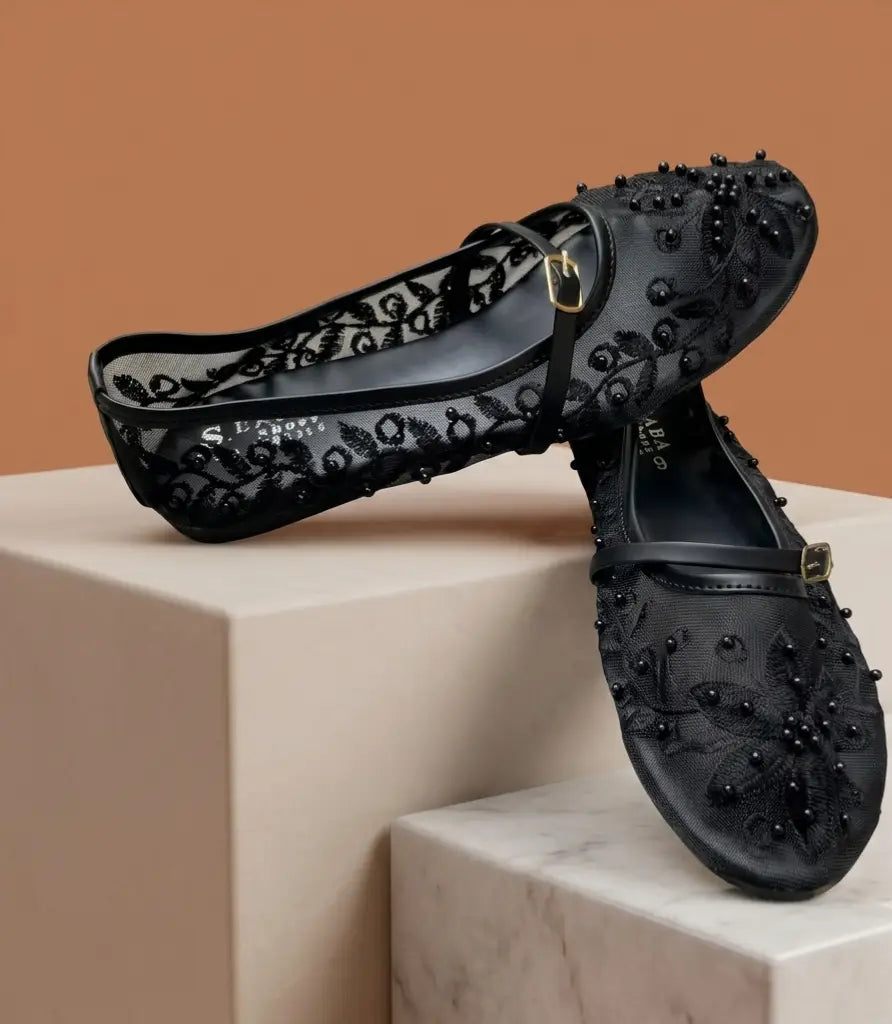 Women's Microfiber Pumps - Black, Gemstone & Bead Detail