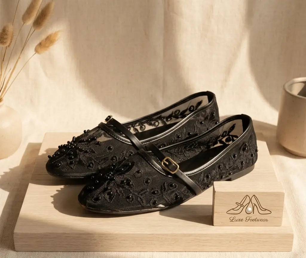 Women's Microfiber Pumps - Black, Gemstone & Bead Detail