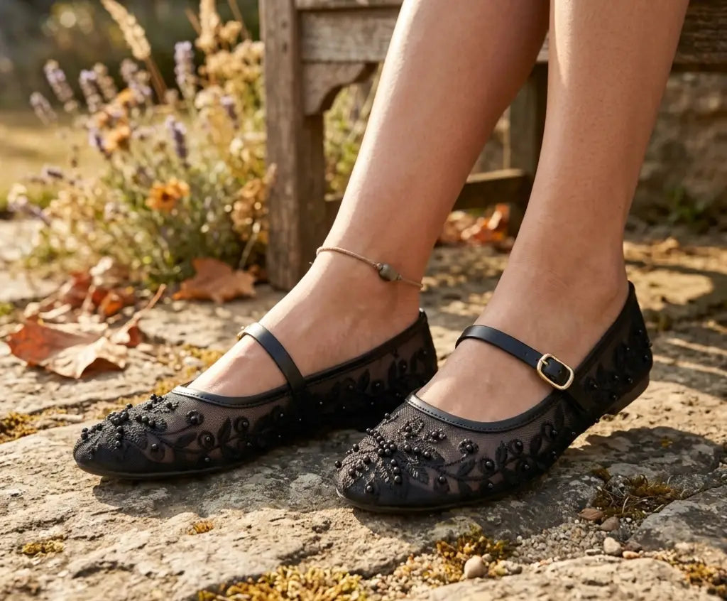 Women's Microfiber Pumps - Black, Gemstone & Bead Detail