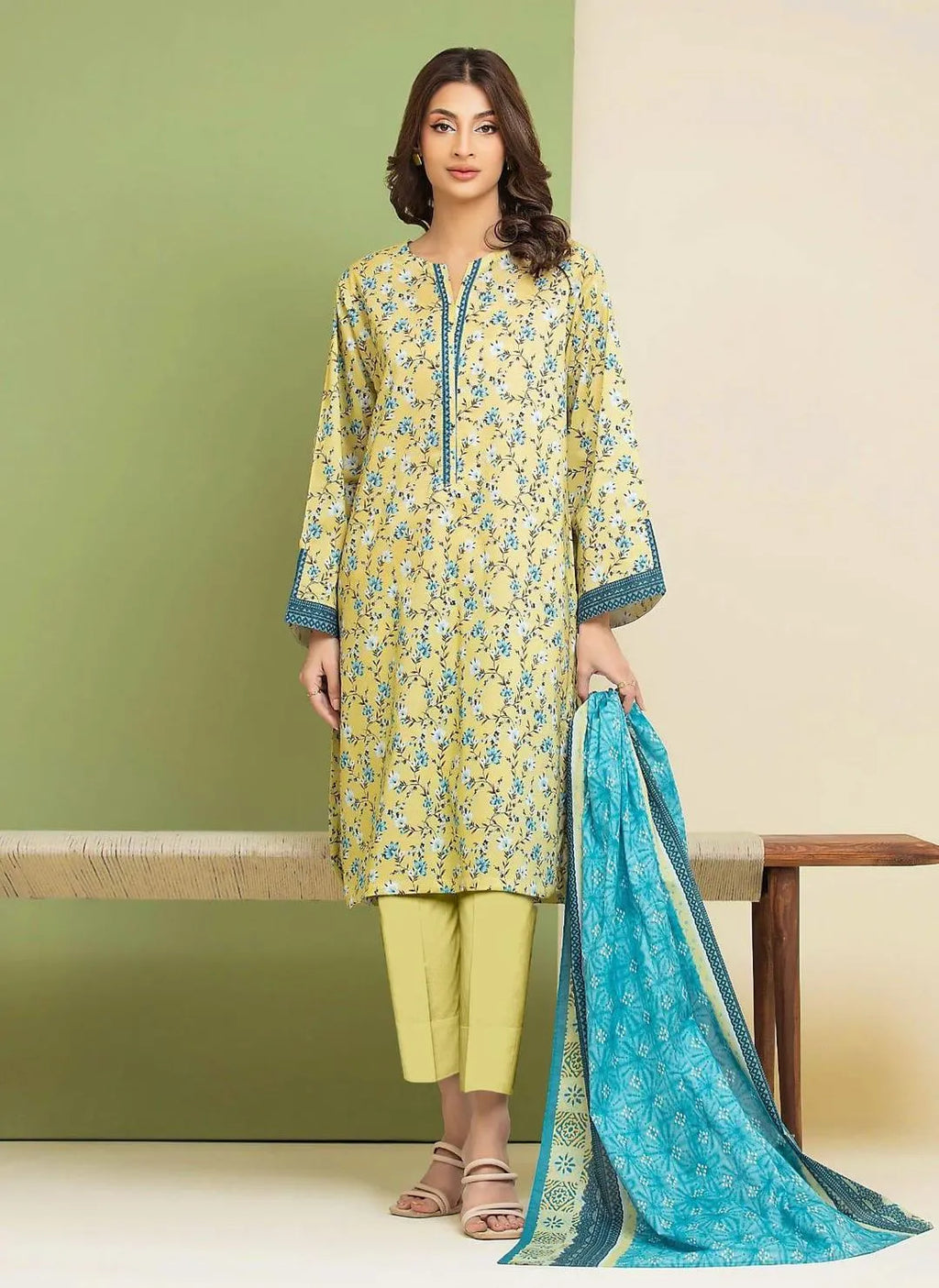 Yellow Printed Dobby Lawn Suit - 3-Piece Unstitched with Dobby Lawn Dupatta