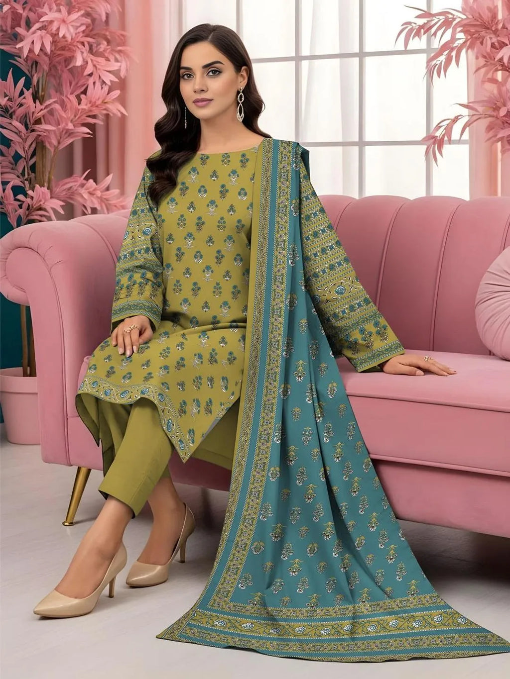Golden Printed Dobby Lawn Suit - 3-Piece Unstitched - view 2