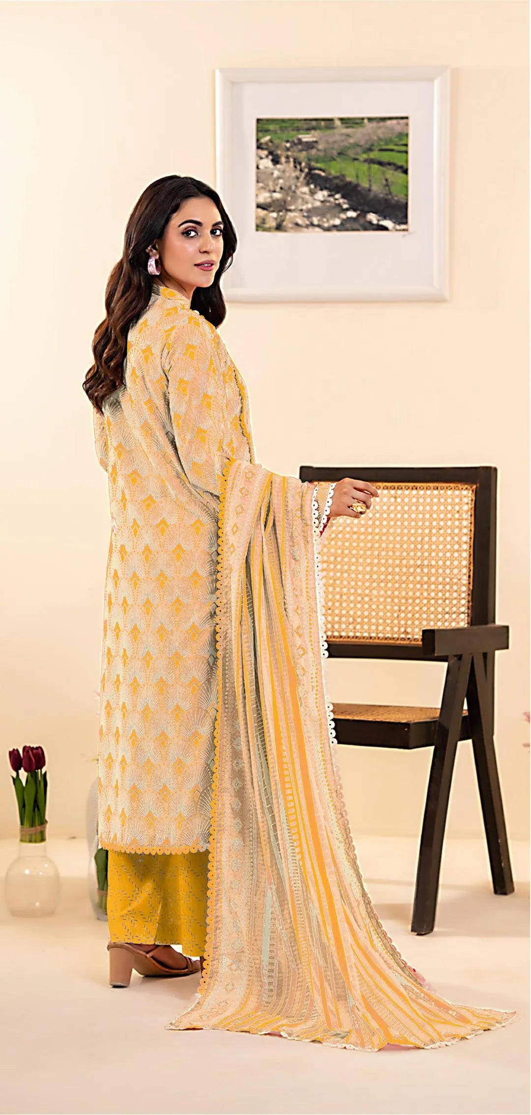 Yellow Printed Dobby Lawn Suit - 3-Piece Unstitched with Lawn Dupatta - view 2
