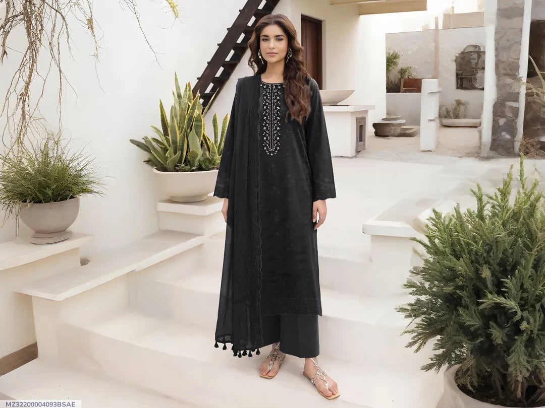 Black Embroidered Lawn Suit - 3-Piece Unstitched with Chikankari Dupatta