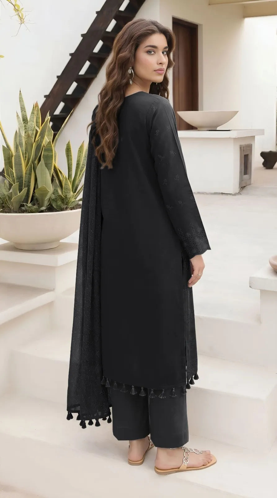 Black Embroidered Lawn Suit - 3-Piece Unstitched with Chikankari Dupatta - view 2