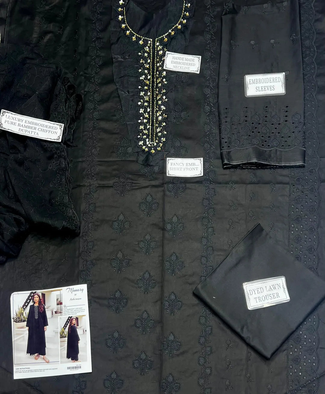 Black Embroidered Lawn Suit - 3-Piece Unstitched with Chikankari Dupatta - view 3