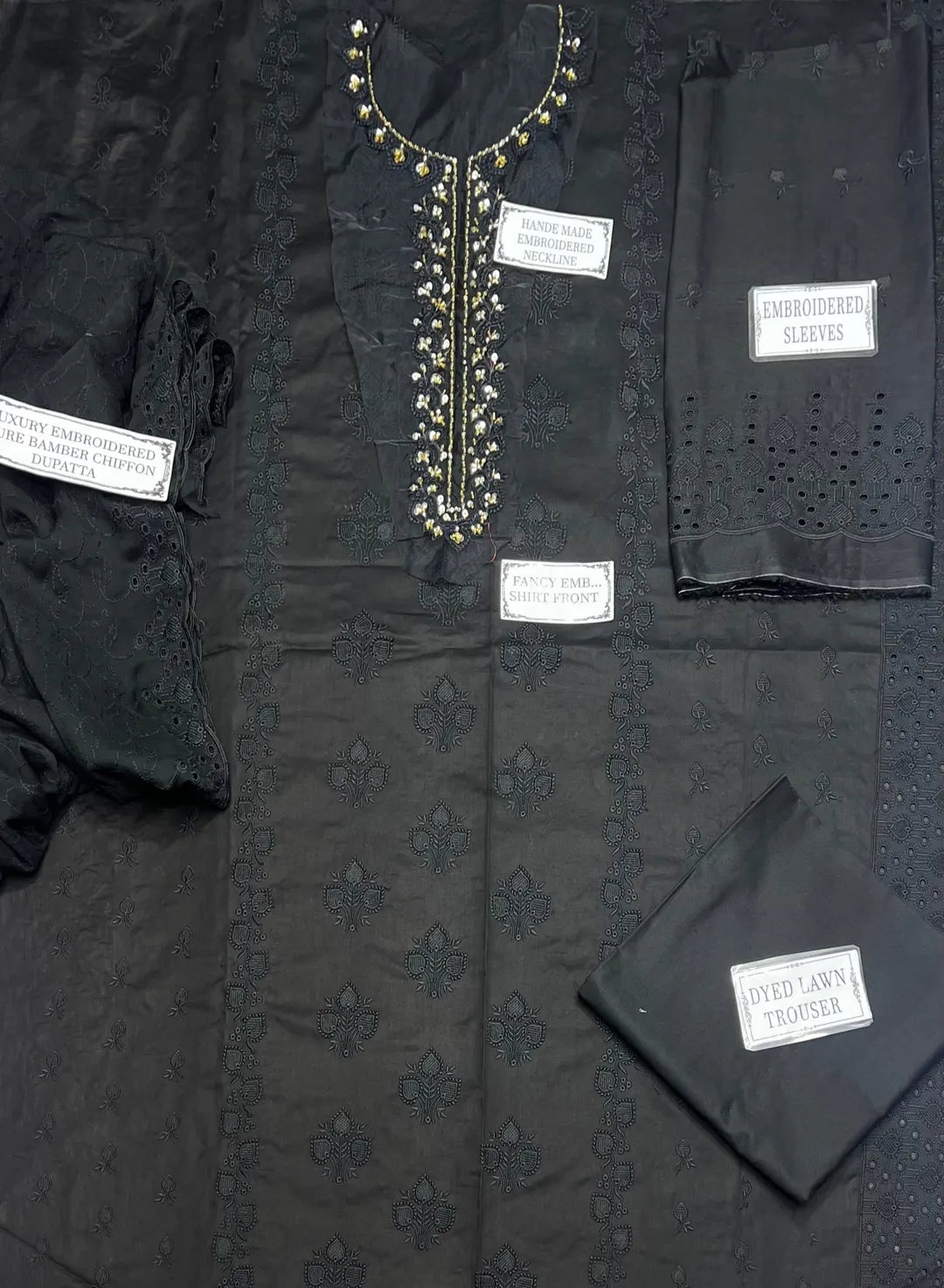 Black Embroidered Lawn Suit - 3-Piece Unstitched with Chikankari Dupatta - view 4