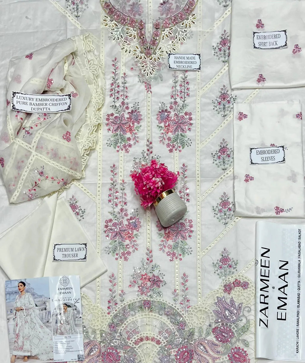 White Embroidered Lawn Suit - 3-Piece Unstitched - view 2