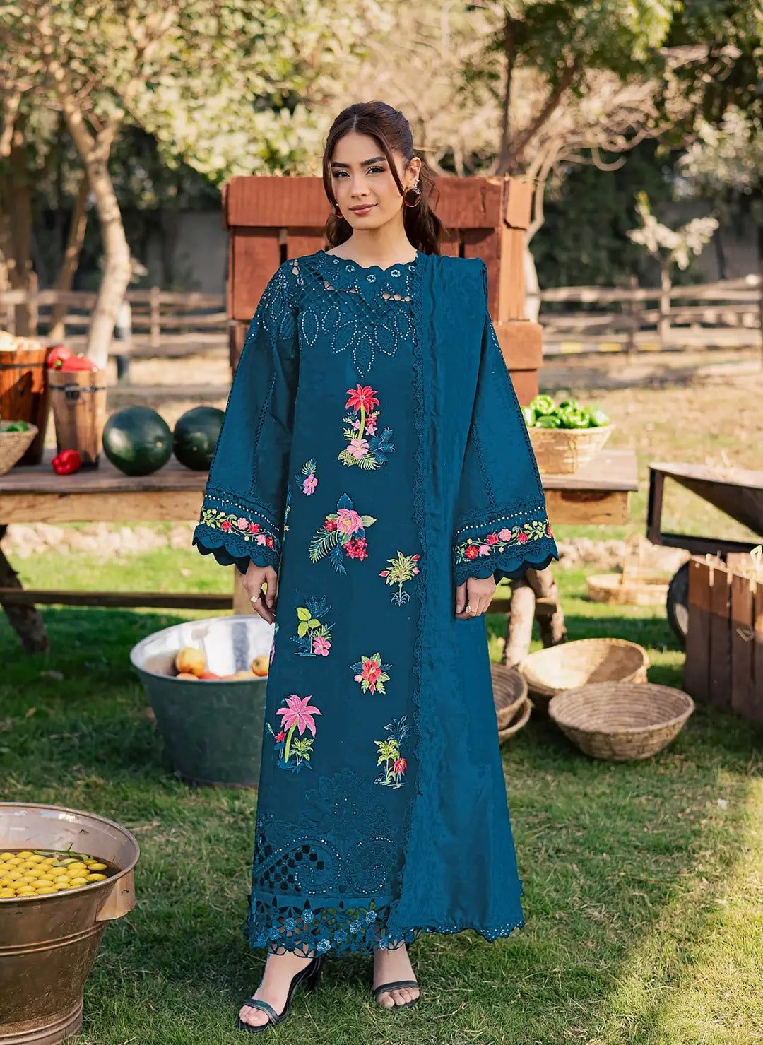 Unstitched Viscose Suit - Blue, Embroidered, 3 Piece