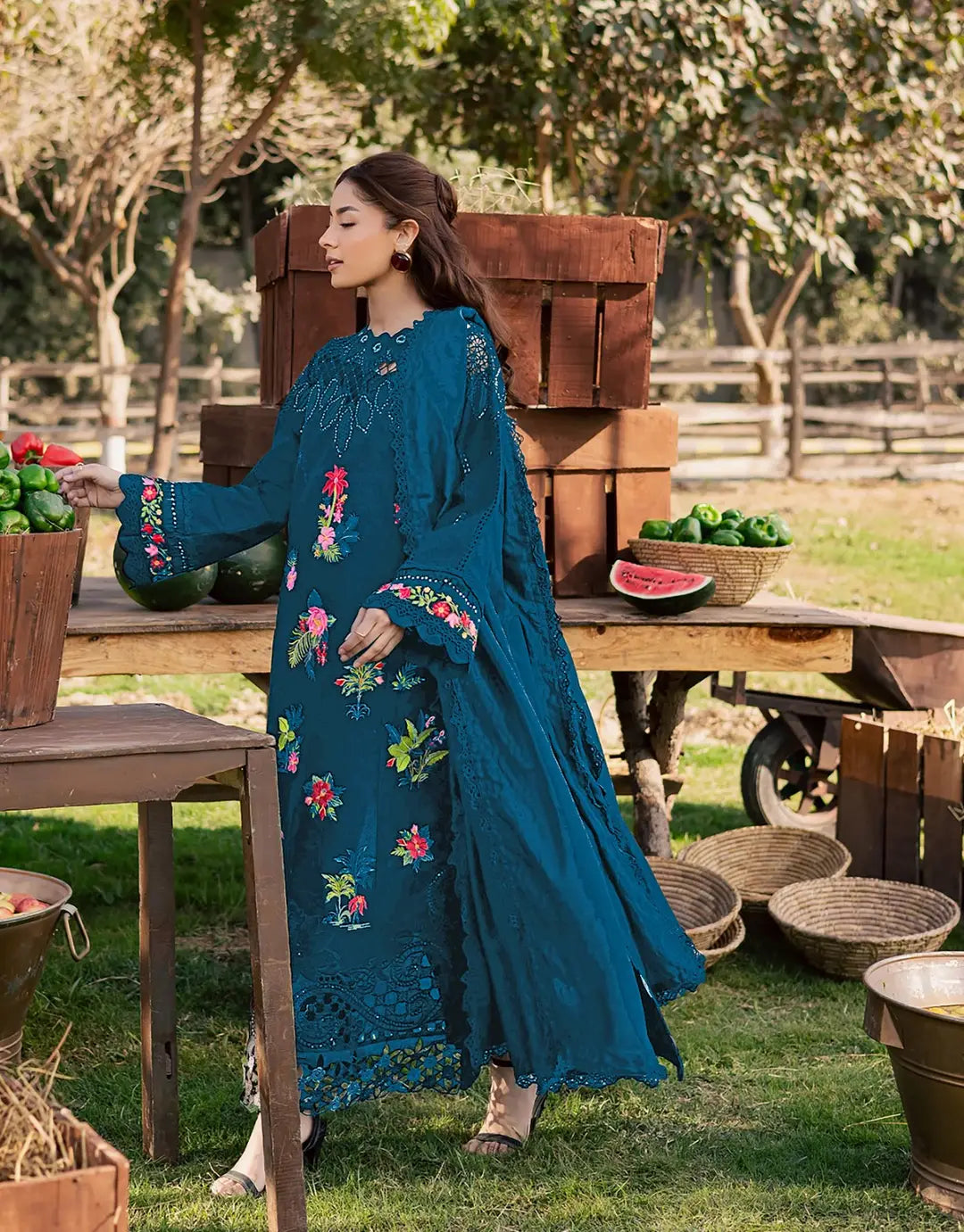 Unstitched Viscose Suit - Blue, Embroidered, 3 Piece