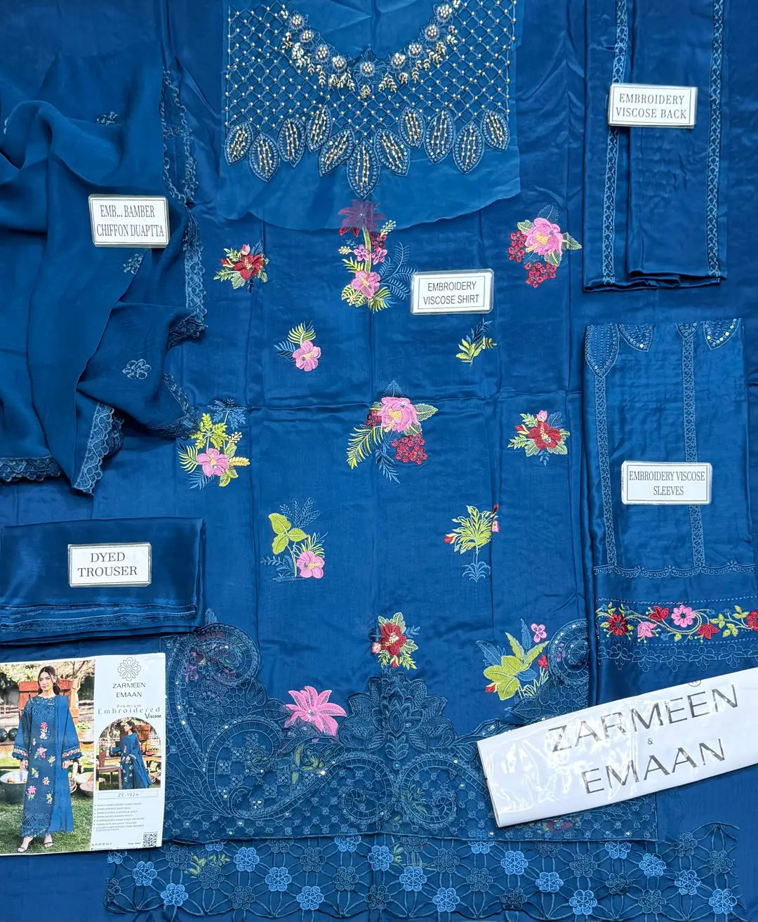 Unstitched Viscose Suit - Blue, Embroidered, 3 Piece
