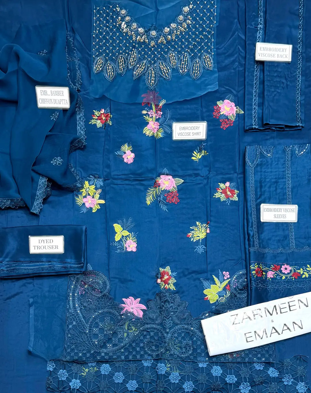 Unstitched Viscose Suit - Blue, Embroidered, 3 Piece