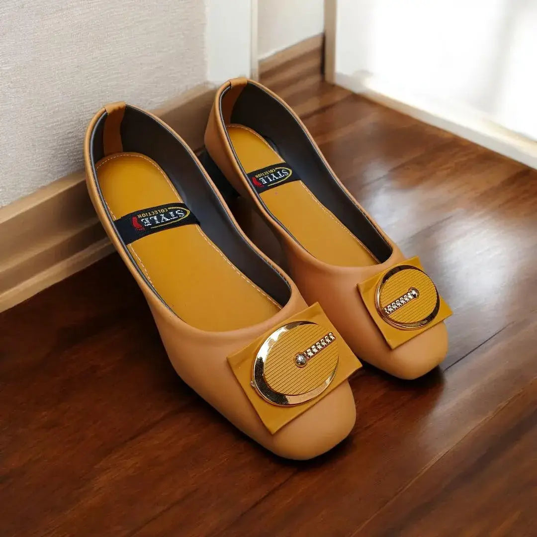 Women's Plain Pumps - Mustard, Synthetic Leather