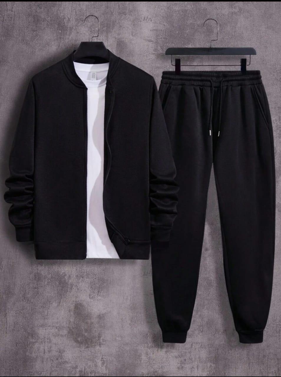 Men's Fleece Zipper Track Suit - Black, Winter, XL to 2XL