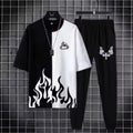 Men's Flame Print Track Suit - Black, 2 Piece Summer