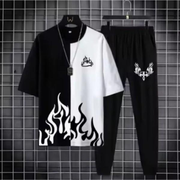 Men's Flame Print Track Suit - Black, 2 Piece Summer