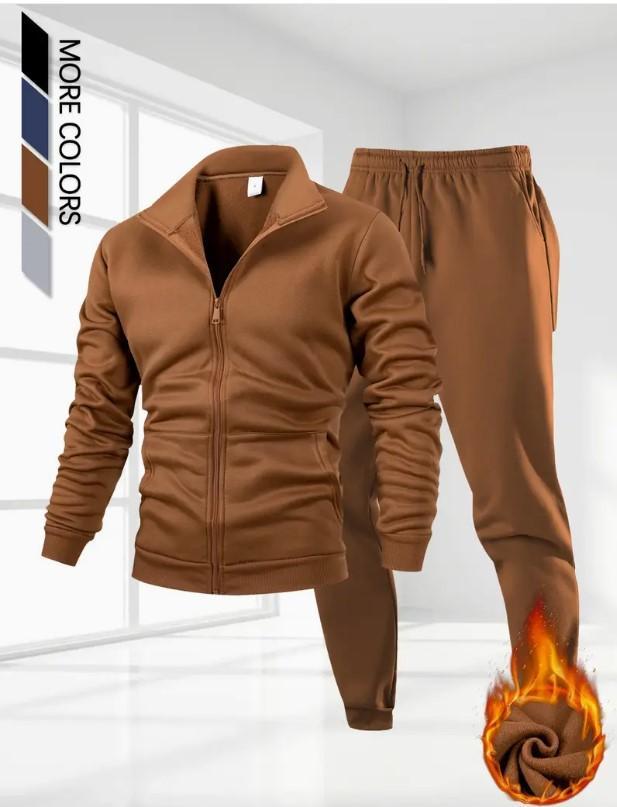 Men's Fleece Zip Tracksuit - Brown, Ban Collar, S to 2XL