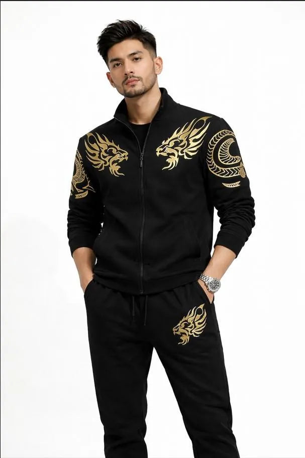 Men's Dragon Print Fleece Track Suit - Black, Zipper