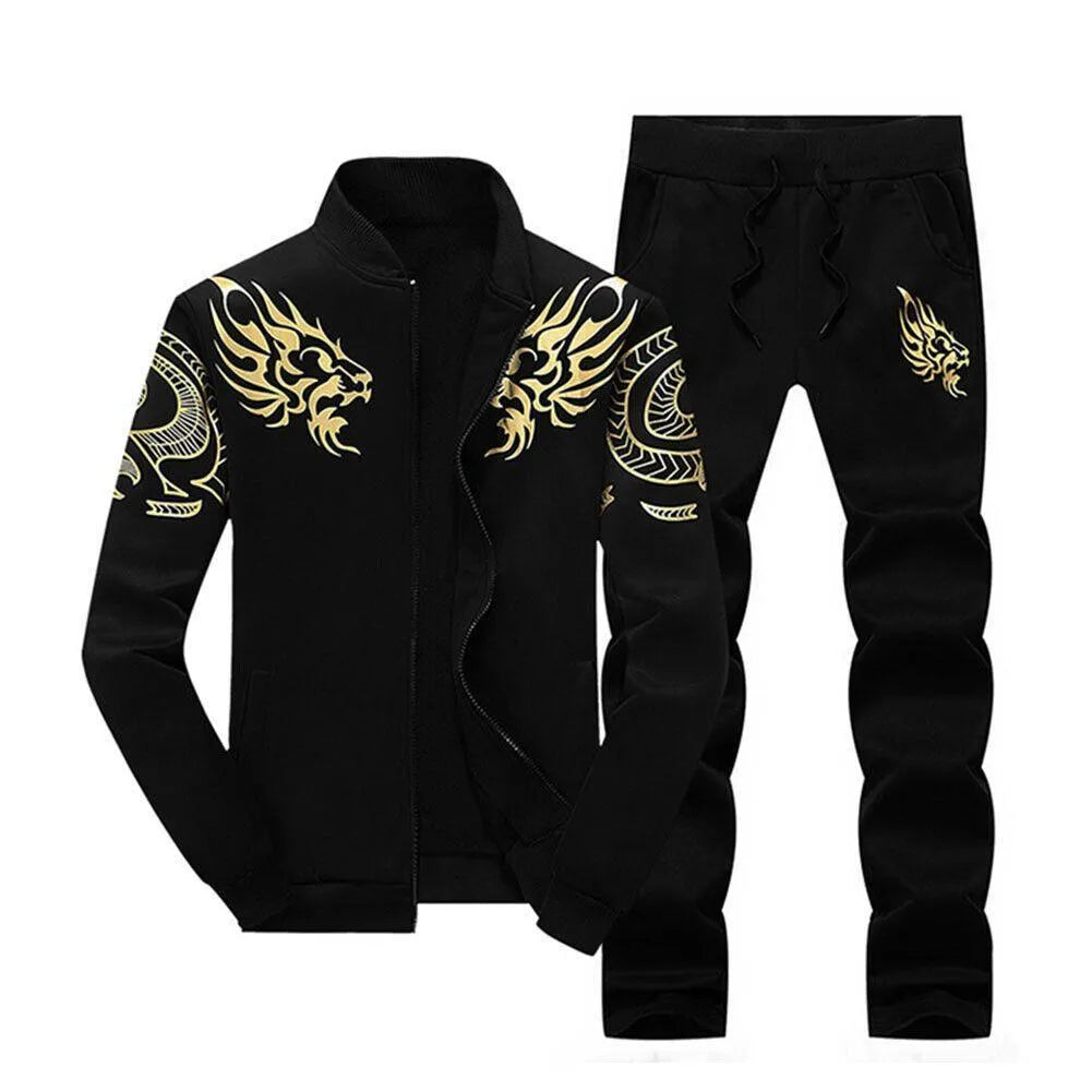 Men's Dragon Print Fleece Track Suit - Black, Zipper - view 2