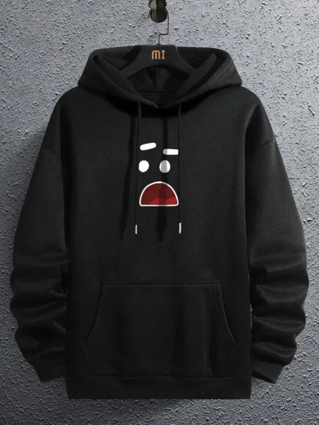 Men's Printed Hoodie - Black with Front Pocket