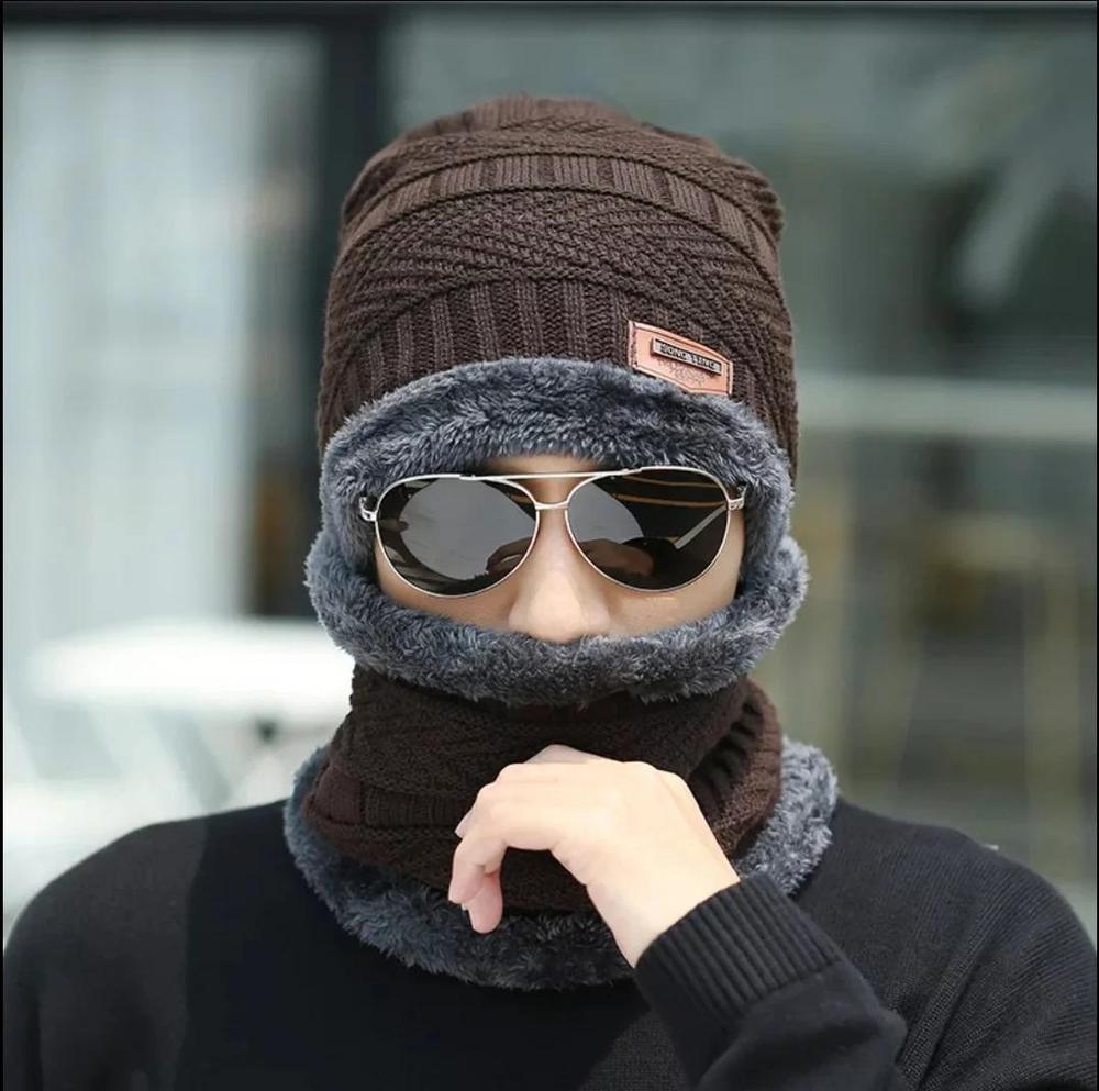Wool Beanie & Neck Warmer Set - Brown Textured, Free Size