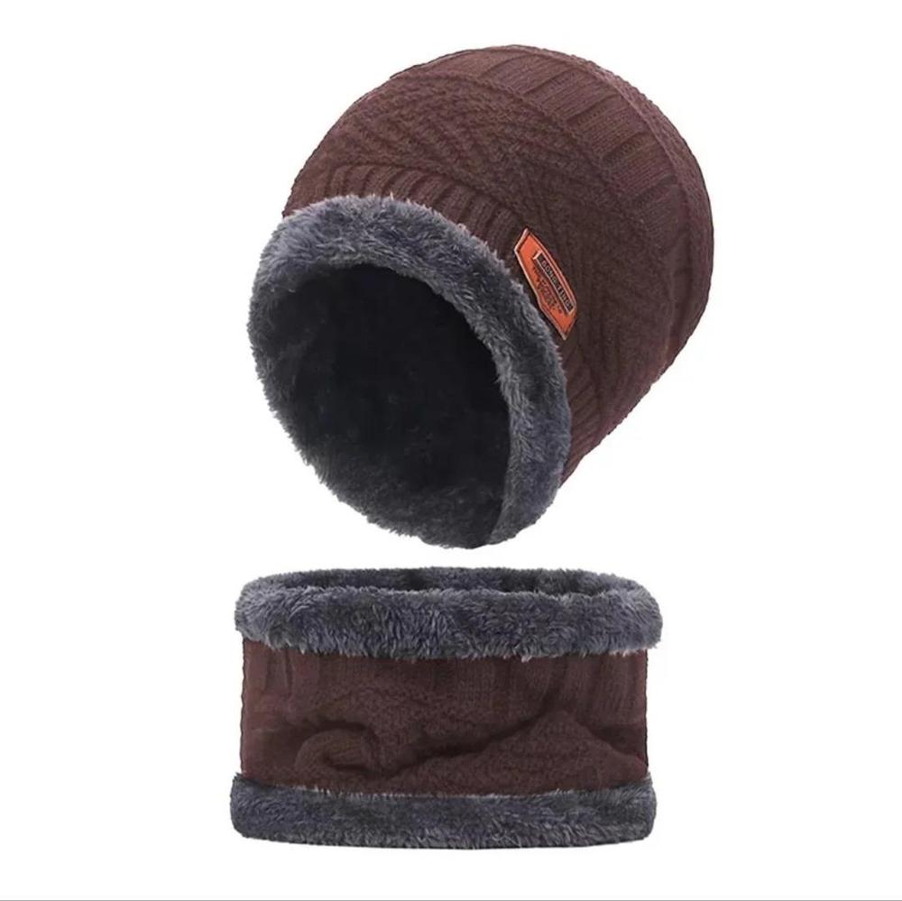Wool Beanie & Neck Warmer Set - Brown Textured, Free Size