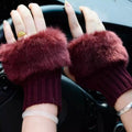 Women's Fingerless Gloves - Maroon Wool, Faux Fur Cuff