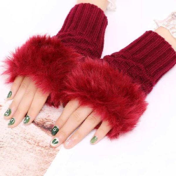 Women's Fingerless Gloves - Maroon Wool, Faux Fur Cuff