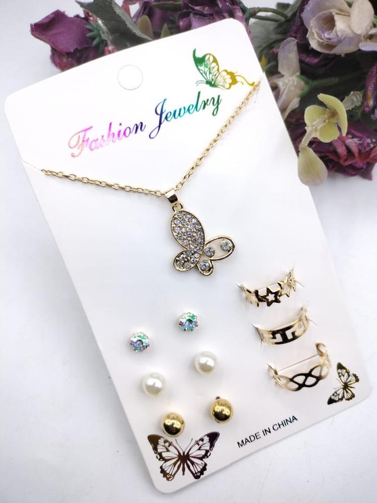 Golden Butterfly Necklace with Earrings & Rings Set - view 2