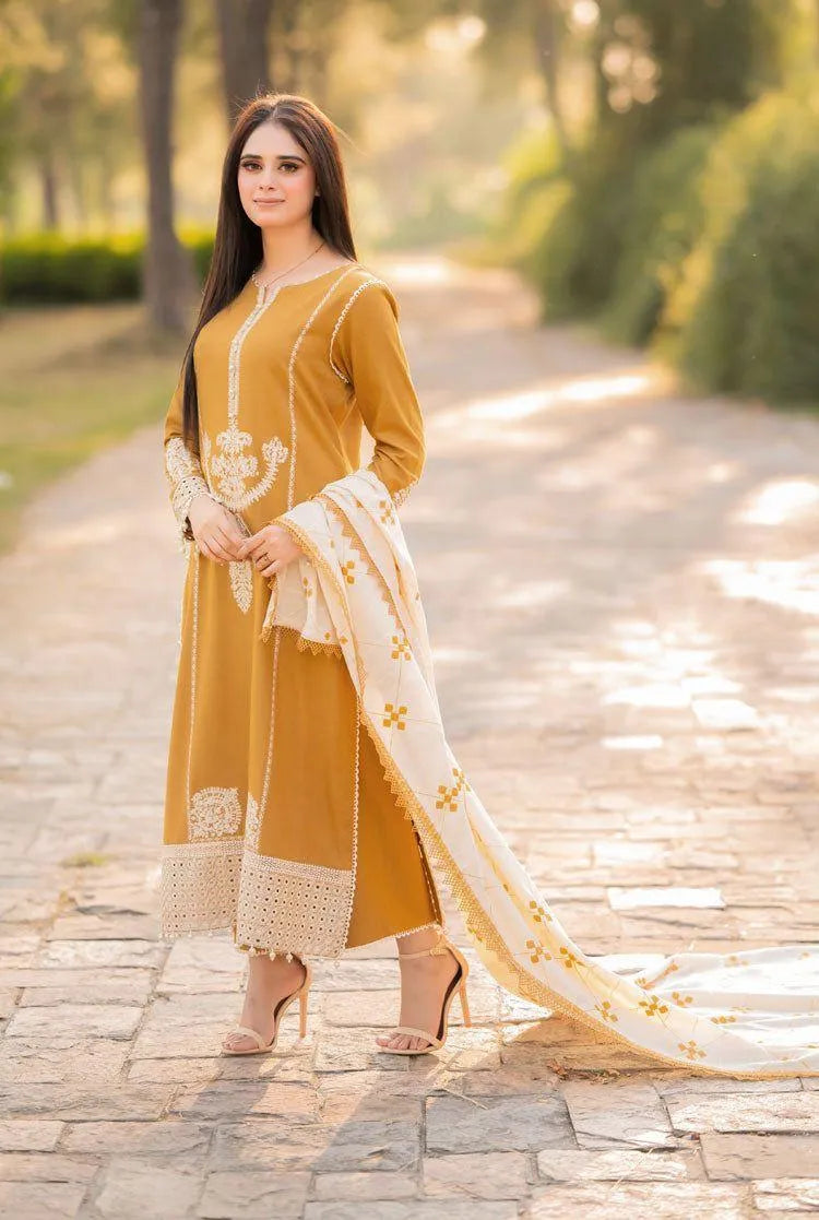Unstitched Embroidered Lawn Suit - Golden Yellow, 3 Piece