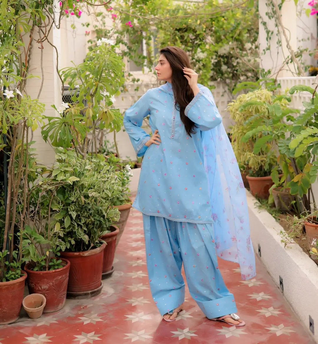 Women's Cotton Suit - Blue, Embroidered, 3 Piece, Stitched