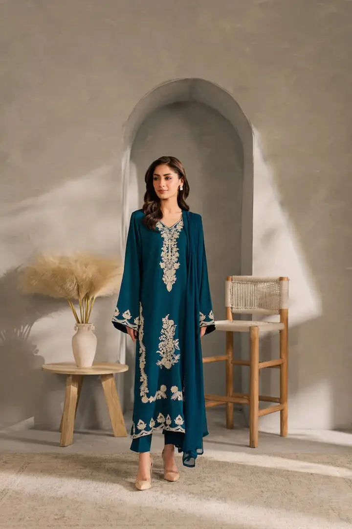 Blue Embroidered Linen Suit - 3-Piece Stitched