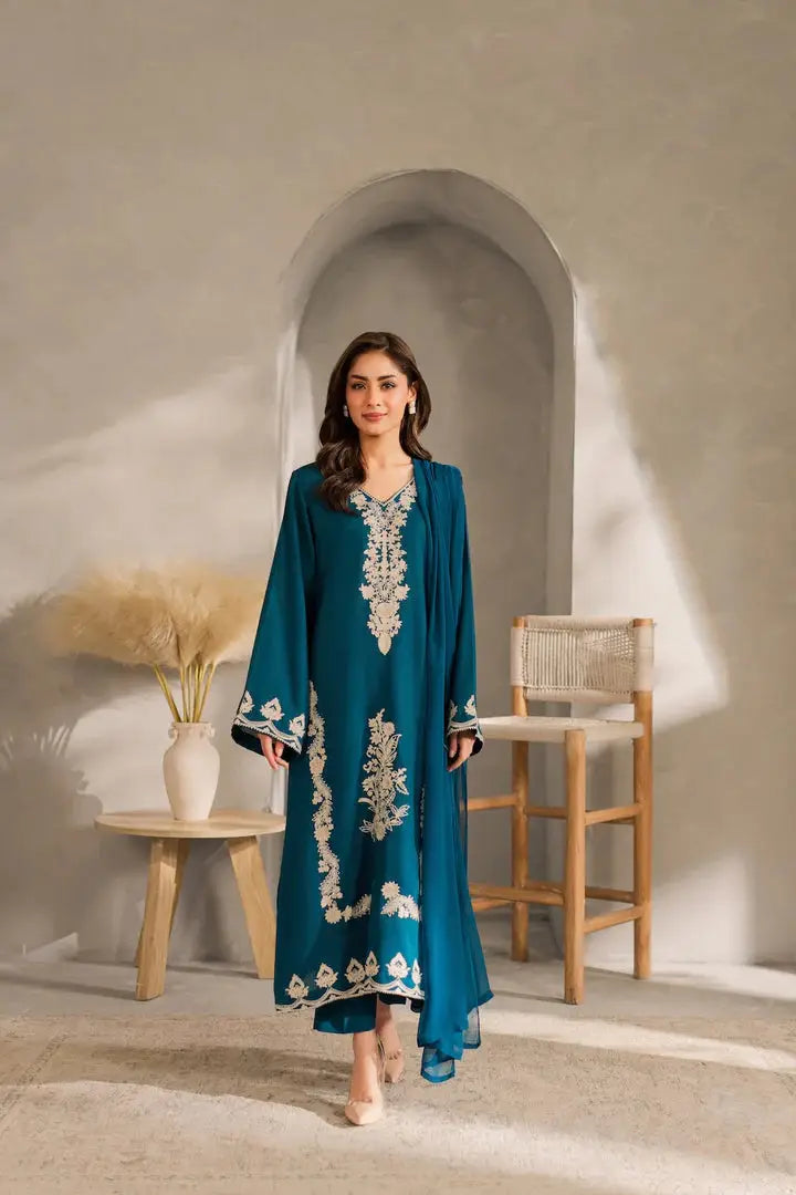 Blue Embroidered Linen Suit - 3-Piece Stitched - view 4