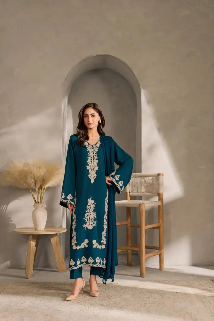 Blue Embroidered Linen Suit - 3-Piece Stitched - view 3