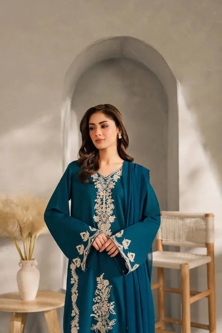 Blue Embroidered Linen Suit - 3-Piece Stitched - view 5