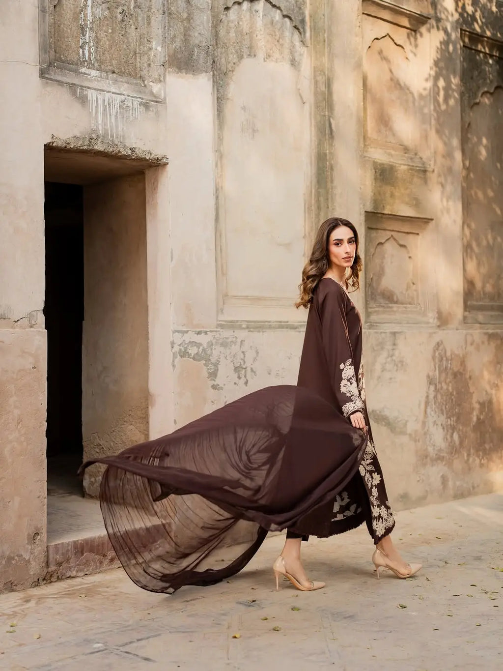 Women's Stitched Linen Suit - Brown, Embroidered, Design 2